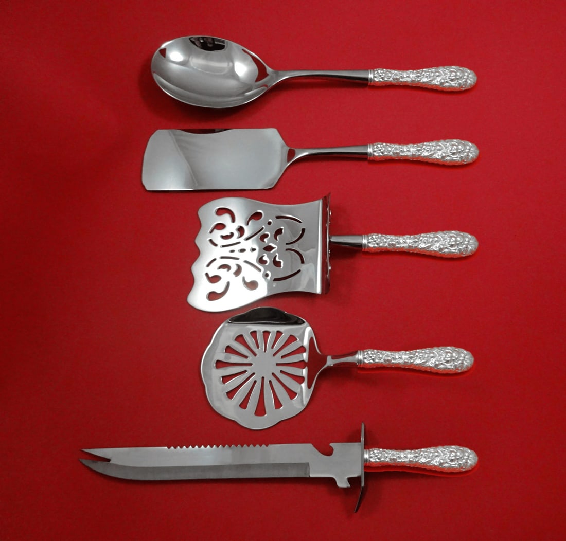 Stieff Rose Sterling Silver 5-Piece Brunch Serving Set with Stainless Implements: Stieff Rose Sterling Silver 5-Piece Brunch Serving Set with Stainless Implements Elevate your brunch gatherings with this exquisite 5-piece serving set from Stieff, featuring the elegant Rose pattern.