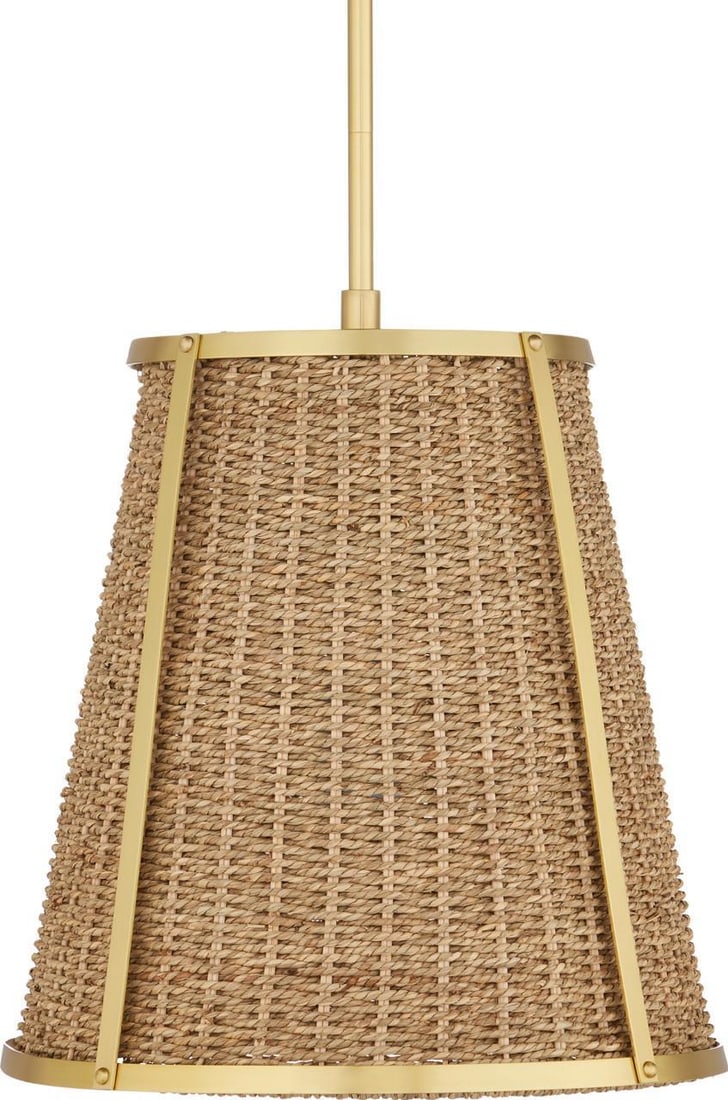 Currey Deauville Seagrass Pendant Light with Polished Brass Rod: Currey Deauville Seagrass Pendant Light with Polished Brass Rod Illuminate your space with this stylish seagrass pendant light, featuring a polished brass rod for a touch of elegance. The unique combi