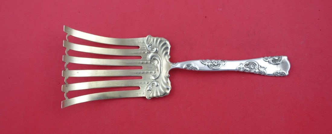 Whiting Rose and Scroll Sterling Silver Asparagus Fork 8 5/8 inch Gold Washed: Whiting Rose and Scroll Sterling Silver Asparagus Fork 8 5/8 inch Gold Washed This exquisite asparagus fork features the elegant Rose and Scroll pattern by Whiting, crafted from high-quality sterling