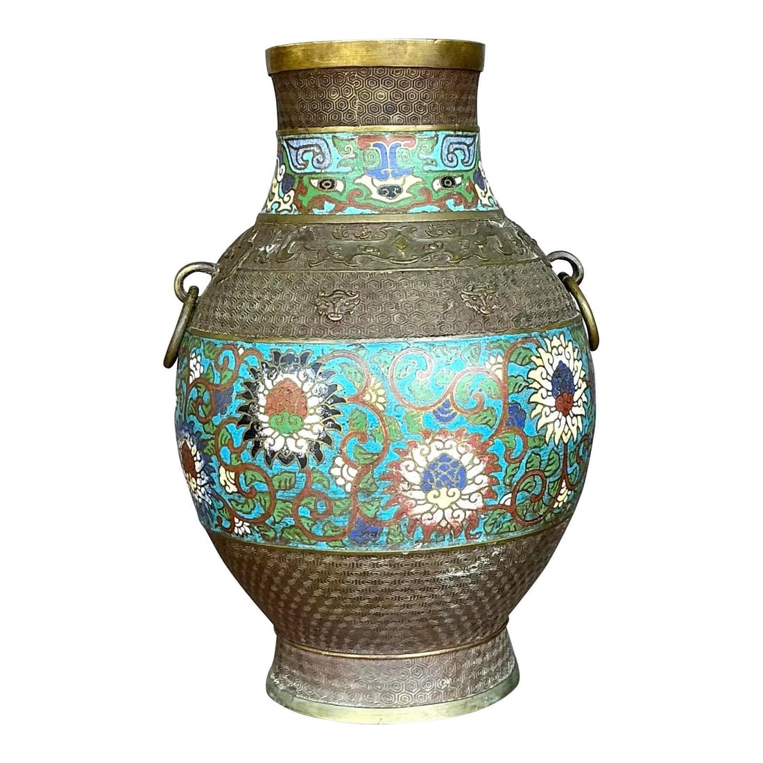 Vintage Regency Cloisonne Enamel Vase with Brass Details 14 inches: Vintage Regency Cloisonne Enamel Vase with Brass Details 14 inches Introducing a striking Vintage Regency Cloisonne Vase that embodies timeless elegance and exquisite craftsmanship. This substantial v