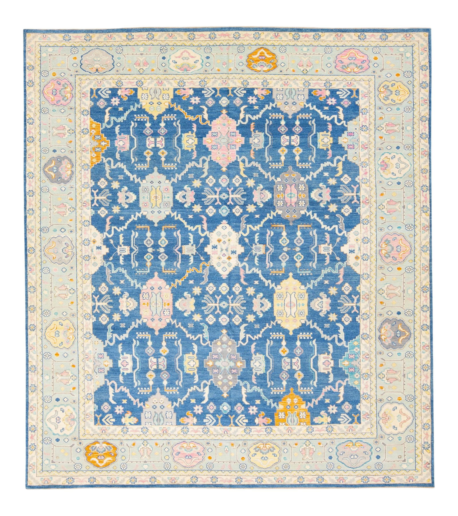 Oversized Blue Modern Oushak Floral Wool Rug 12'9 x 14'9: Oversized Blue Modern Oushak Floral Wool Rug 12'9 x 14'9 Enhance your living space with this stunning blue modern Oushak handmade wool rug. Featuring a rich navy blue field, this exquisite rug showcas