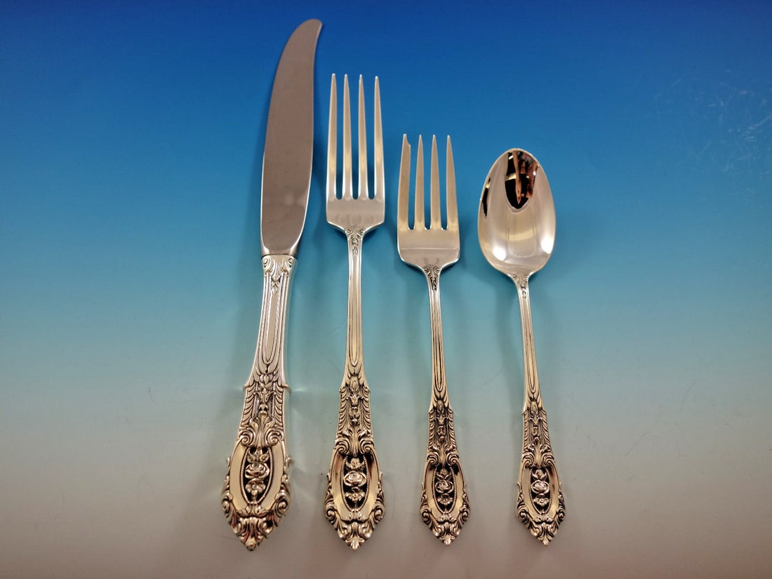 Wallace Rose Point Sterling Silver Flatware Set for 8 41 pcs Dinner Service: Wallace Rose Point Sterling Silver Flatware Set for 8 41 pcs Dinner Service Enhance your dining experience with the exquisite Rose Point Sterling Silver Flatware Set by Wallace, designed for service o