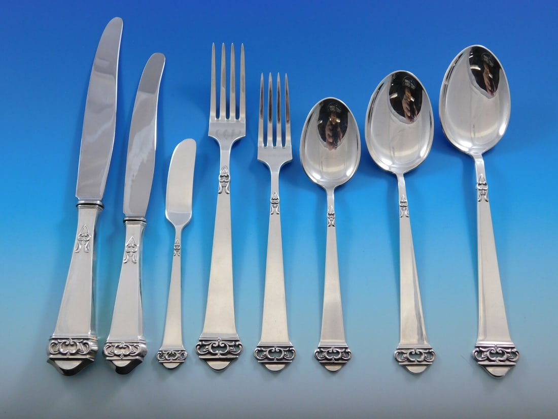 Mylius Brodrene Saga 830 Silver Flatware Set 69 pcs Norwegian Dining Essentials: Mylius Brodrene Saga 830 Silver Flatware Set 69 pcs Norwegian Dining Essentials Experience the elegance of Norwegian craftsmanship with this stunning Saga flatware set by Mylius Brodrene, comprised of