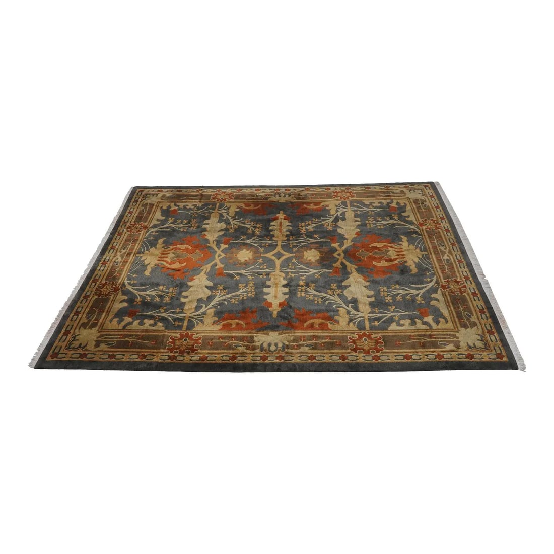 118 x 163 Wool Area Rug Handcrafted Earth Tone Design: 118 x 163 Wool Area Rug Handcrafted Earth Tone Design This hand-crafted rug measures approximately 9x13 feet and features a 100% wool pile in earth tone colors with blue accents. With a high construct