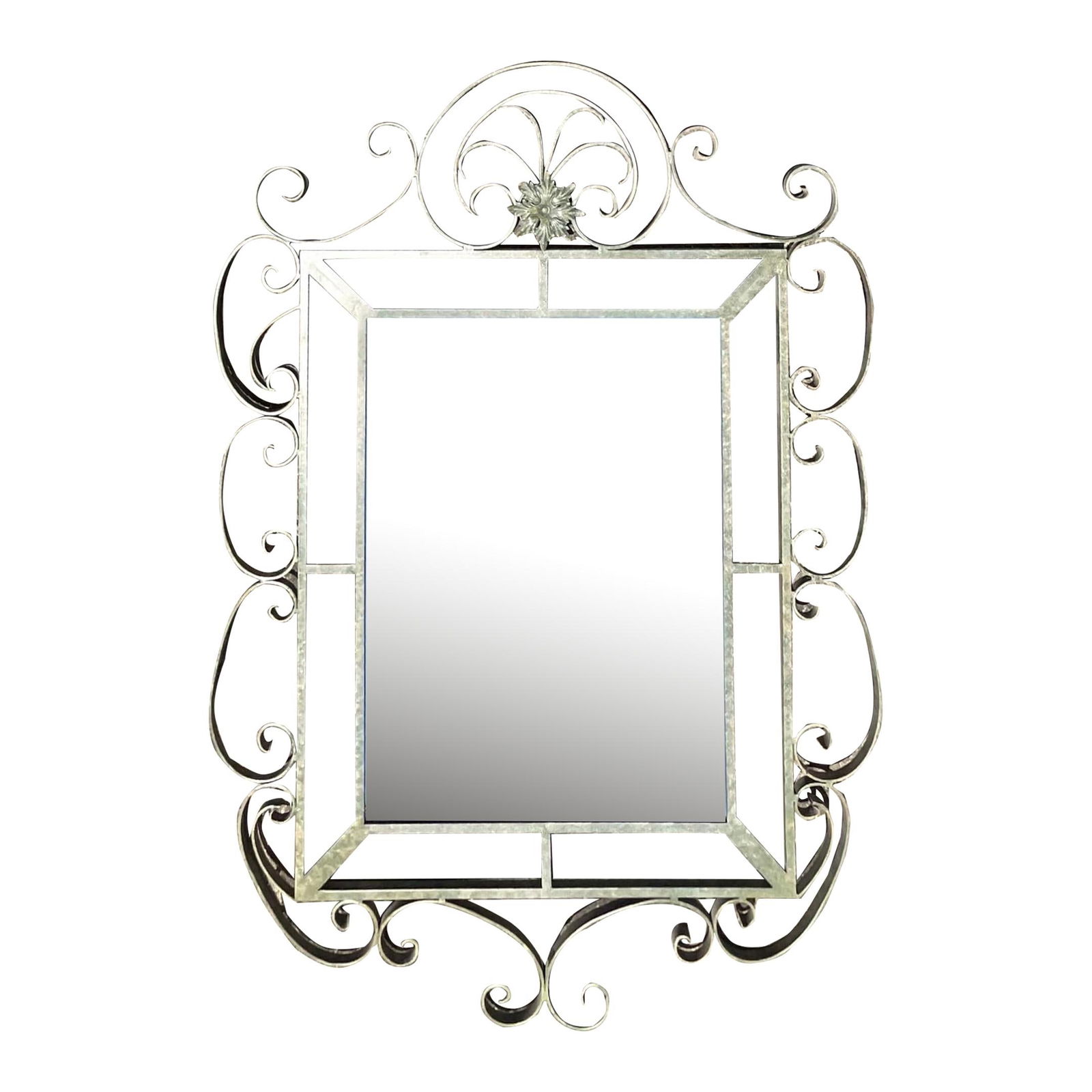 Vintage Regency Celadon Wrought Iron Mirror 54.5 x 75.5: Vintage Regency Celadon Wrought Iron Mirror 54.5 x 75.5 Experience the timeless elegance of this Vintage Regency Monumental Wrought Iron Mirror, a stunning piece that exemplifies the grace and grandeu