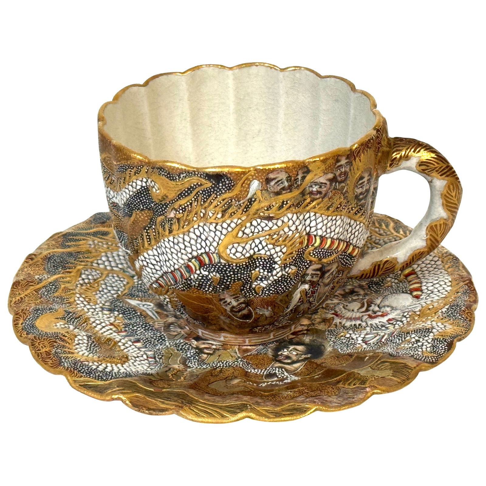 Meiji Satsuma Dragons Immortals Cup Saucer Set by Kitagawa-zo Signed Dai Nippon: Meiji Satsuma Dragons Immortals Cup Saucer Set by Kitagawa-zo Signed Dai Nippon This exquisite Meiji Satsuma cup and saucer set, attributed to the renowned Kitagawa-zo workshop, features stunning hand
