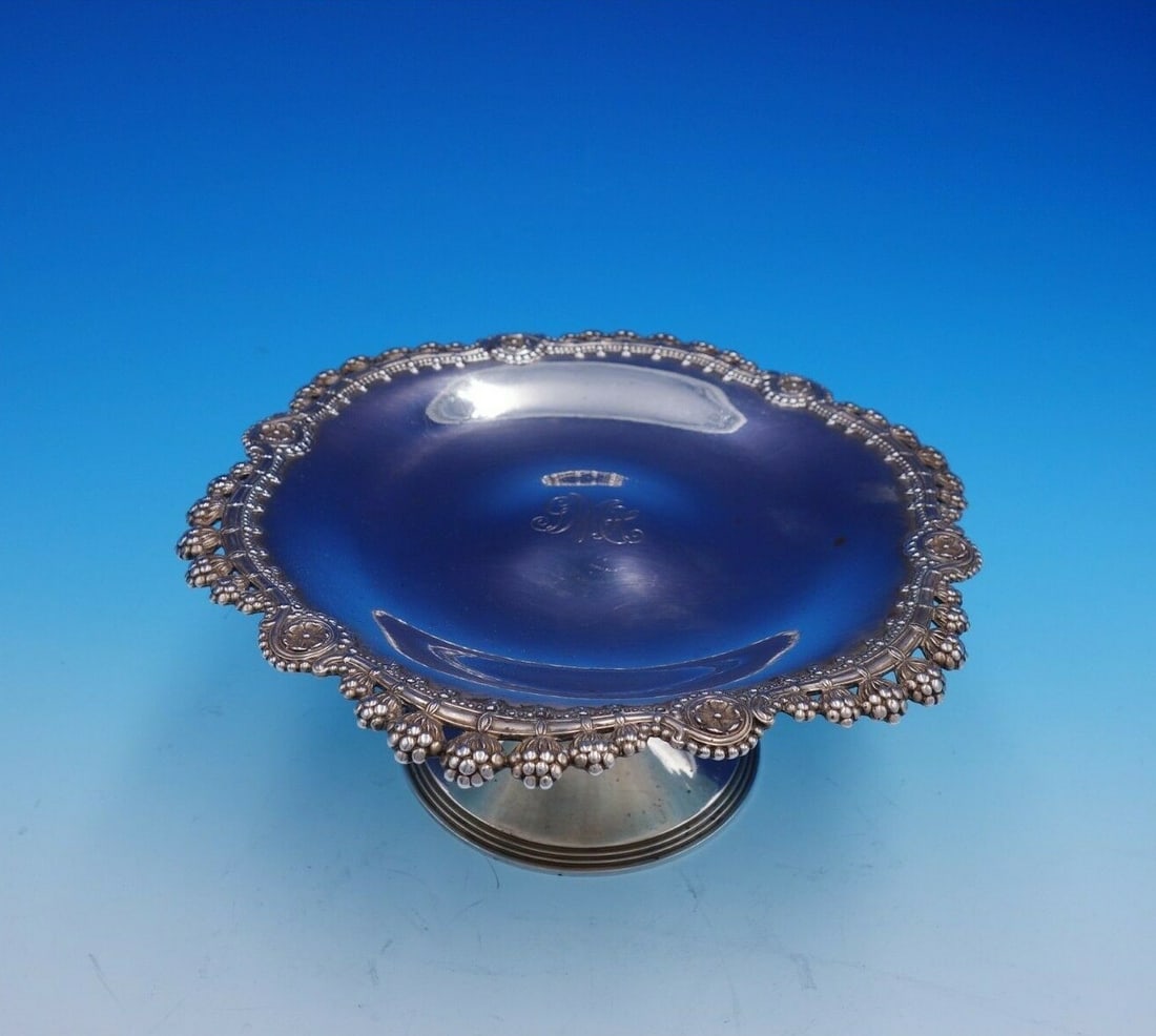 Tiffany & Co Blackberry Sterling Silver Compote with GMH Monogram: Tiffany & Co Blackberry Sterling Silver Compote with GMH Monogram This exquisite compote from Tiffany & Co. showcases the iconic Blackberry pattern, crafted in high-quality sterling silver. The piece