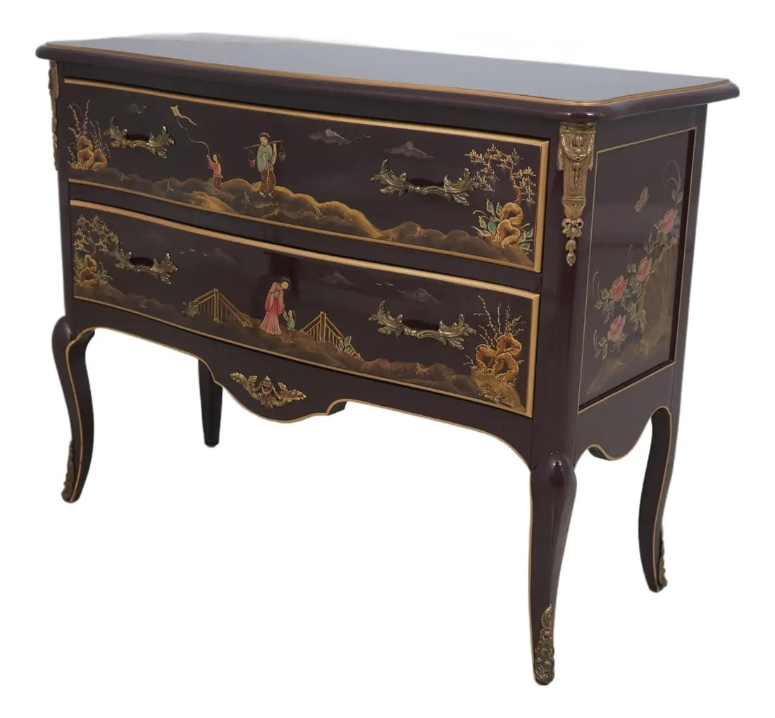 Century Burgundy Lacquer Chinoiserie Commode with Brass Mounts (1 of 10)