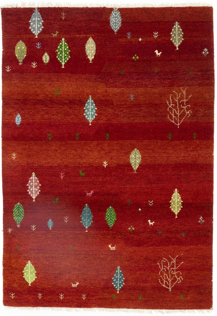 Modern Hand-Knotted Wool Indo-Gabbeh Area Rug Scarlet Pictorial 5'6 x 7'10: Modern Hand-Knotted Wool Indo-Gabbeh Area Rug Scarlet Pictorial 5'6 x 7'10 This hand-knotted Indo-Gabbeh area rug features a distinctive scarlet red base with cream, blue, green, and pink accents in a