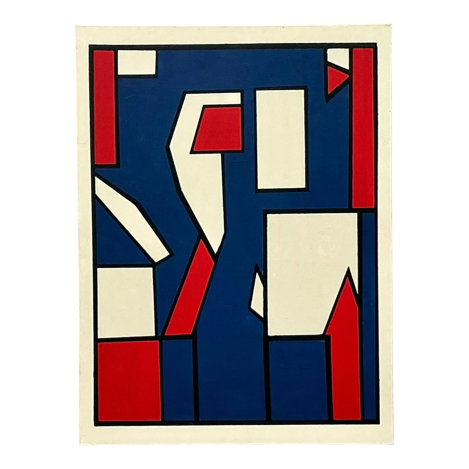 Vintage Boho Geometric Oil Painting on Canvas 36x48: Vintage Boho Geometric Oil Painting on Canvas 36x48 This stunning late 20th-century vintage geometric oil painting on canvas features a captivating composition of vibrant blue, red, and white forms, a