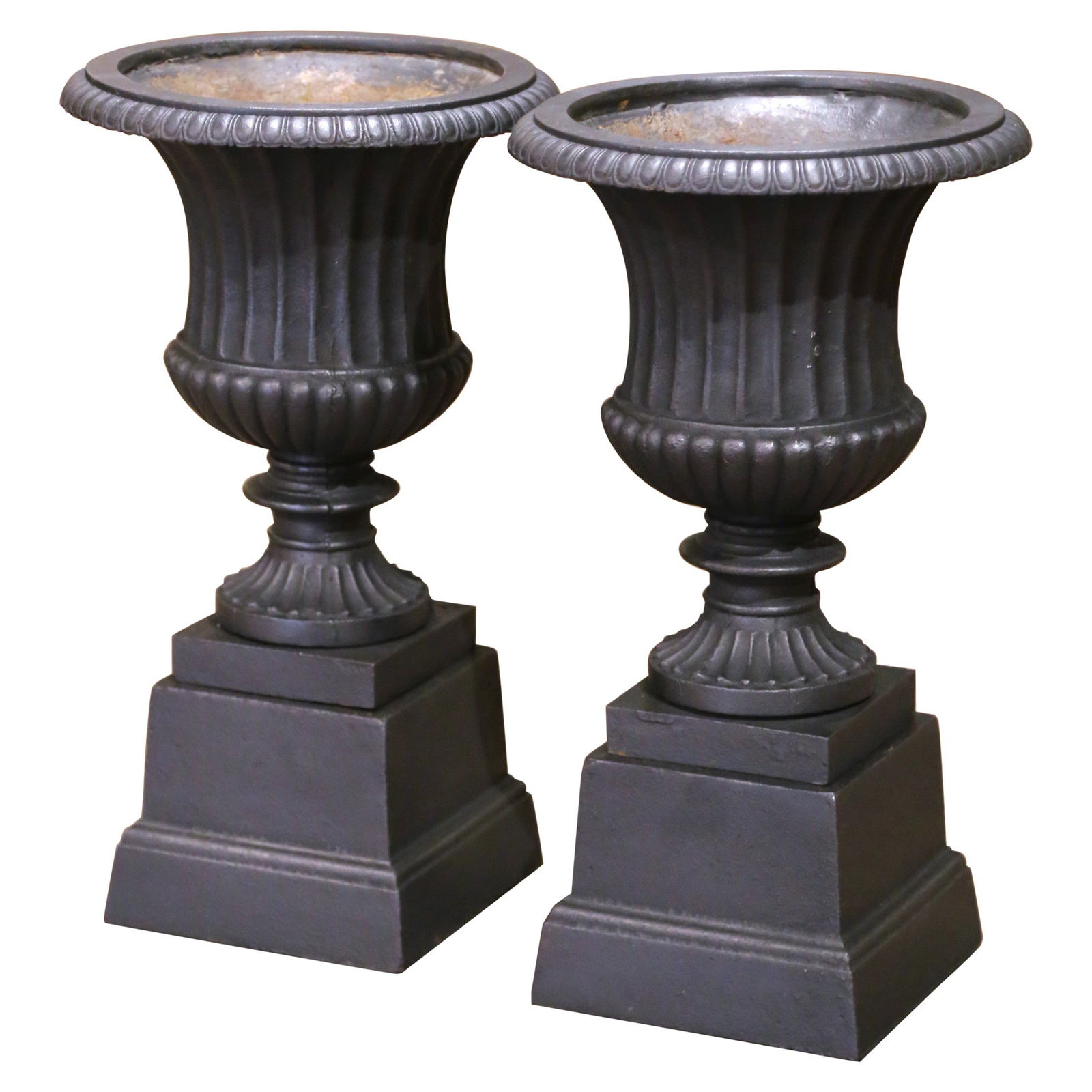 Set of 2 19th Century French Neoclassical Cast Iron Urns with Plinths (1 of 13)
