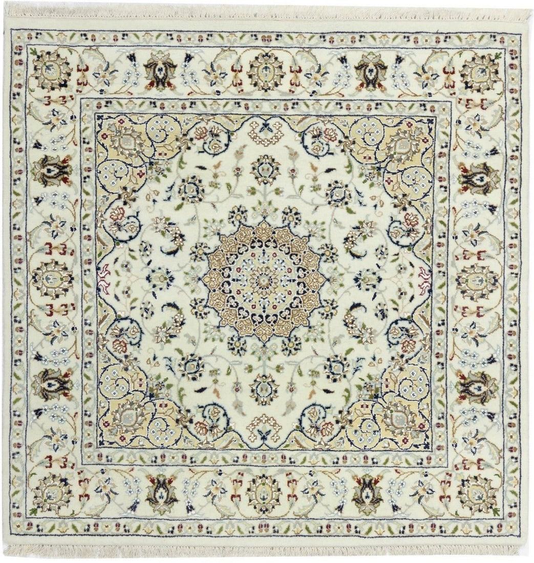 Hand-Knotted Wool Silk Square Indo-Nain Area Rug Floral Medallion 4'2 x 4'2: Hand-Knotted Wool Silk Square Indo-Nain Area Rug Floral Medallion 4'2 x 4'2 This Indo-Nain square area rug features a vintage-inspired floral medallion design with a mix of cream, buff, red, dark navy