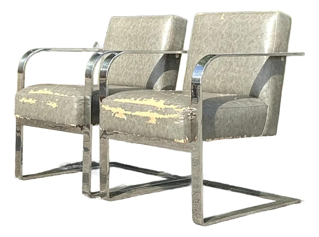 Pair of Vintage Boho Chrome Lounge Chairs Inspired by Ralph Lauren: Pair of Vintage Boho Chrome Lounge Chairs Inspired by Ralph Lauren This striking pair of vintage flat bar chrome lounge chairs embodies mid-century modern elegance with a bohemian twist. Inspired by c
