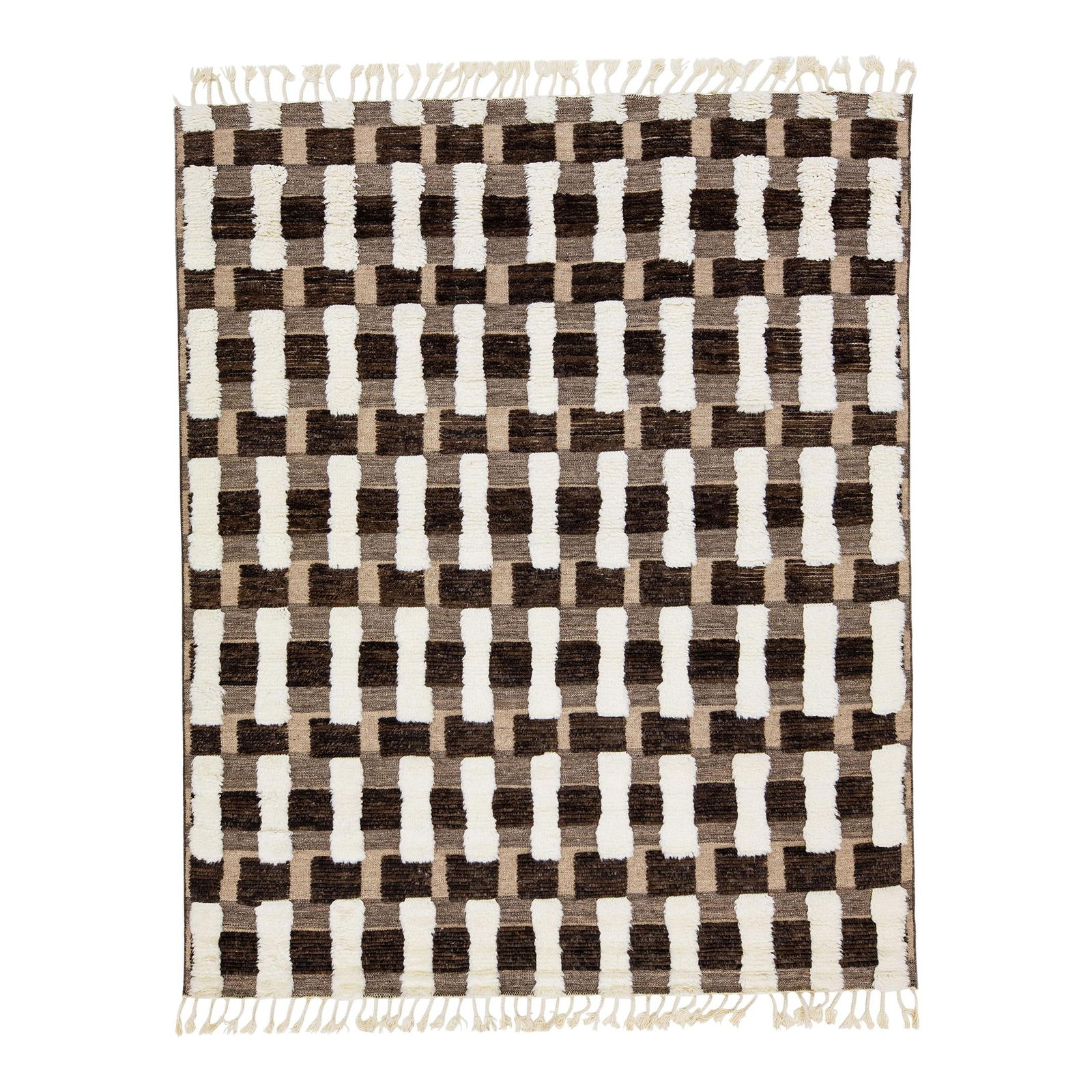 Handmade Modern Brown Wool Rug 8' x 10' Moroccan Style Abstract Design: Handmade Modern Brown Wool Rug 8' x 10' Moroccan Style Abstract Design Elevate your space with this stunning handcrafted wool rug, showcasing a modern Moroccan design in a calming ivory tone against a