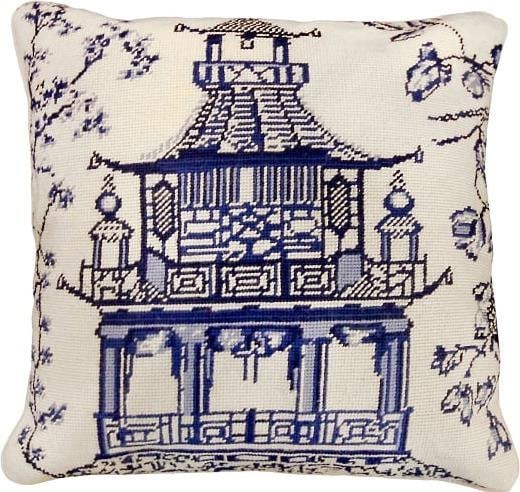 Chinoiserie Blue Pagoda Accent Pillow 18x18 100% Wool Velvet: Chinoiserie Blue Pagoda Accent Pillow 18x18 100% Wool Velvet Add a touch of elegance to your home decor with this Chinoiserie Blue Pagoda Accent Pillow. Featuring a charming blue and white design, thi