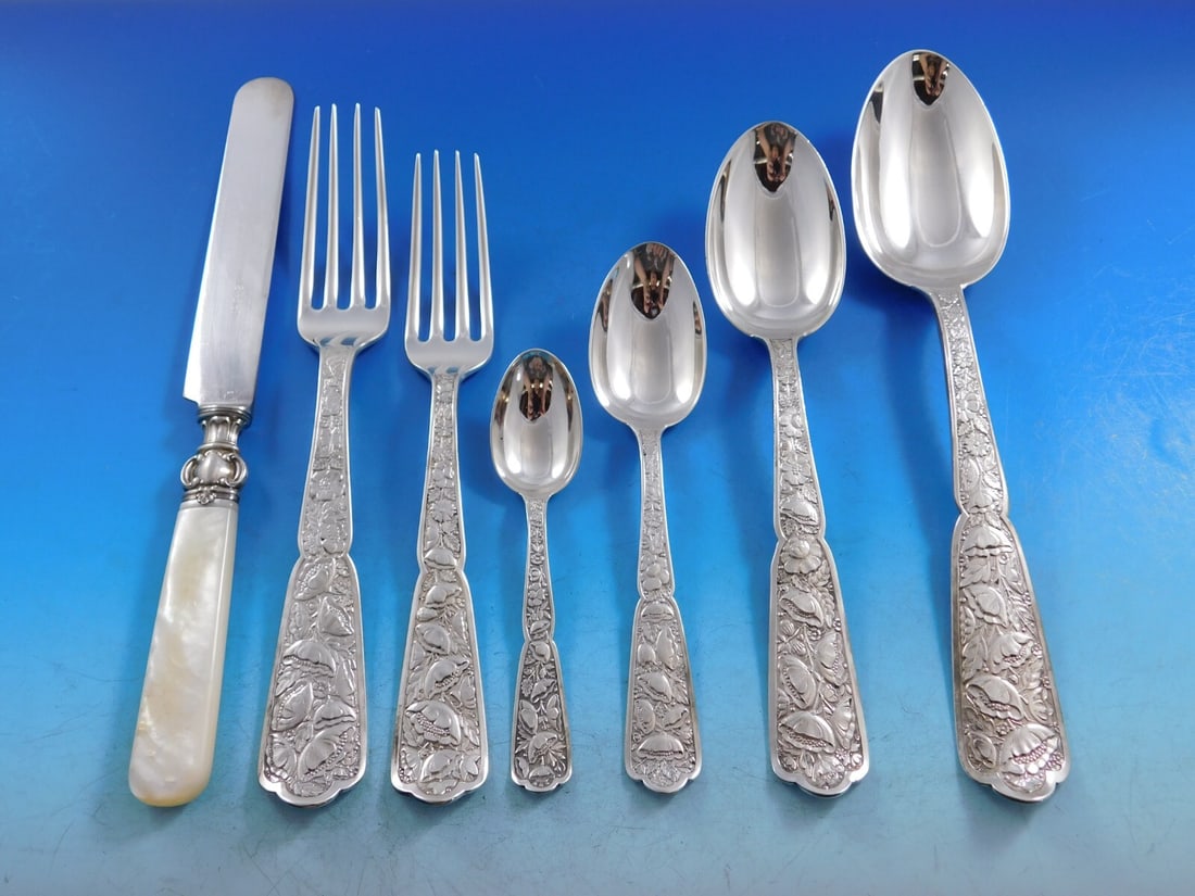 Rare Byzantine Sterling Silver Flatware Set 45 pc by Wood & Hughes c1875: Rare Byzantine Sterling Silver Flatware Set 45 pc by Wood & Hughes c1875 Discover the exquisite beauty of this rare Byzantine flatware set by Wood & Hughes, crafted in sterling silver around 1875. Thi