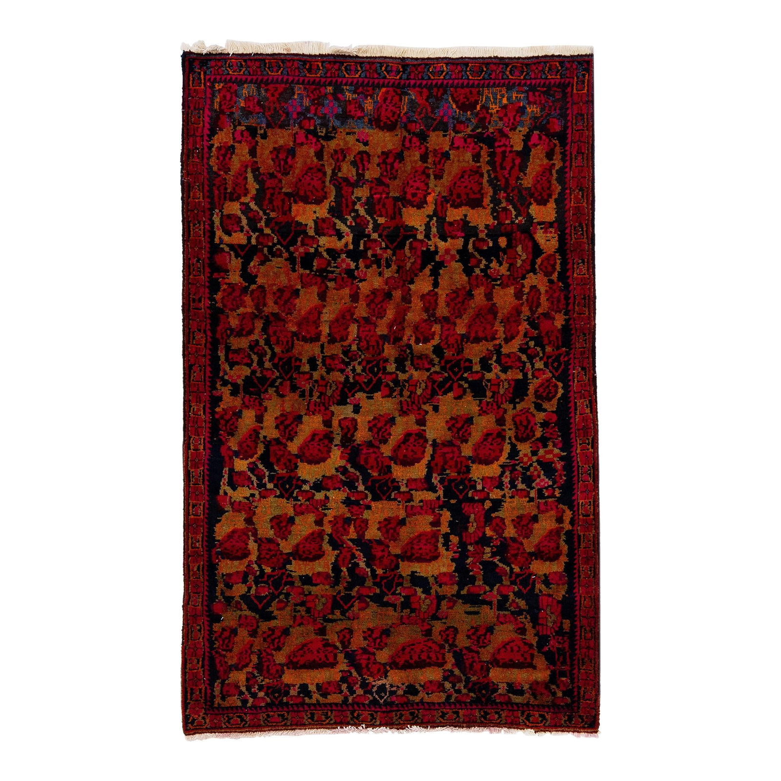 1960s Handmade Persian Shiraz Orange Wool Rug 3'9 x 6': 1960s Handmade Persian Shiraz Orange Wool Rug 3'9 x 6' This exquisite vintage Persian Shiraz rug showcases a vibrant orange color field, beautifully complemented by a red frame and multicolor accents