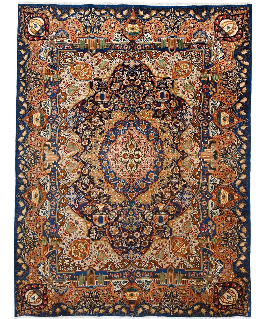 Vintage Hand-Knotted 9'7 x 12'4 Navy Blue Pictorial Wool Rug: Vintage Hand-Knotted 9'7 x 12'4 Navy Blue Pictorial Wool Rug Enhance your living space with this stunning vintage oriental rug, featuring a captivating pictorial design in a rich navy blue color compl
