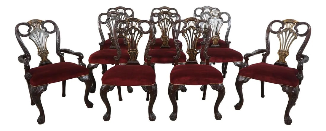 Set of 10 Maitland Smith Model 8107-40 Carved Dining Chairs: Set of 10 Maitland Smith Model 8107-40 Carved Dining Chairs Enhance your dining experience with this exquisite set of 10 Maitland Smith Model 8107-40 dining room chairs. Crafted with fine carved detai
