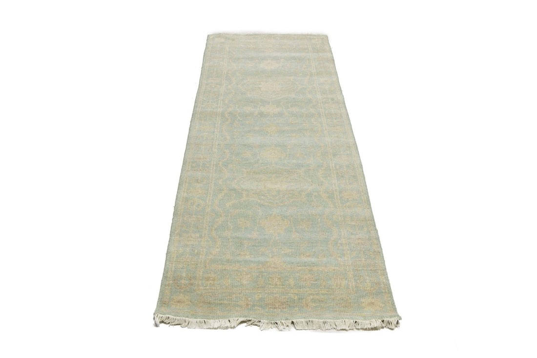 Muted Aqua Blue Floral Handmade Wool Runner Rug 2'7 x 7'10: Muted Aqua Blue Floral Handmade Wool Runner Rug 2'7 x 7'10 This stunning handmade oriental runner rug features a muted aqua blue floral pattern that perfectly complements various home decor styles. Me