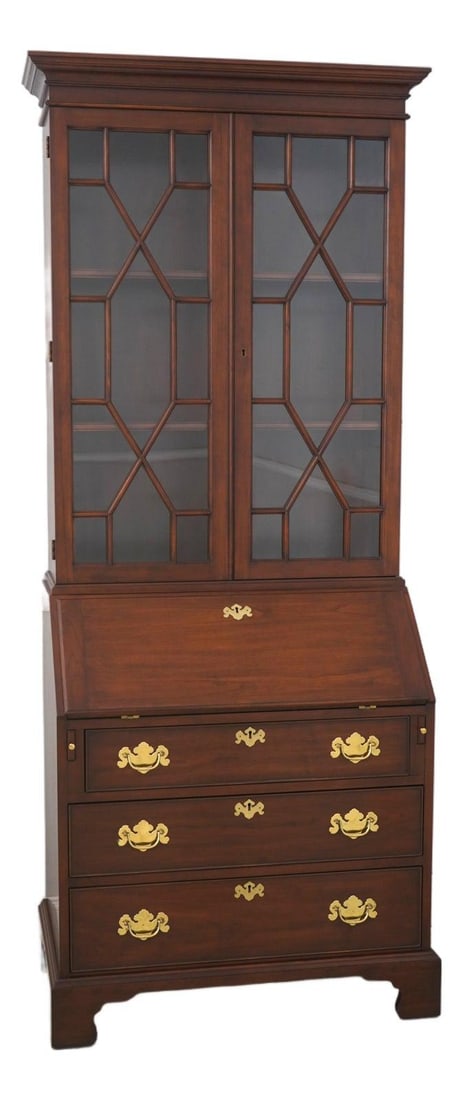 Cherry Wood Secretary Desk with Bookcase Top by Henkel Harris circa 1986: Cherry Wood Secretary Desk with Bookcase Top by Henkel Harris circa 1986 This 1980s Henkel Harris secretary desk features a classic two-piece design with a bookcase top. Crafted from cherry wood with