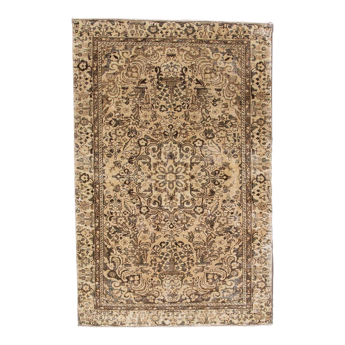 Vintage Persian Handmade Beige Floral Wool Rug 4'9 x 7'5: Vintage Persian Handmade Beige Floral Wool Rug 4'9 x 7'5 This exquisite Vintage Persian Shabby Chic hand-knotted wool rug features a soft beige field adorned with intricate grey and brown floral medal