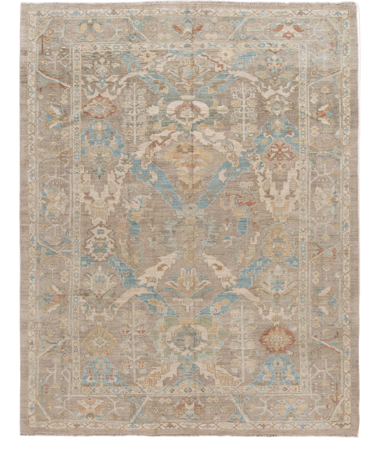 Elegant Beige Sultanabad Handmade Floral Wool Rug 9'2 x 11'7: Elegant Beige Sultanabad Handmade Floral Wool Rug 9'2 x 11'7 Elevate your living space with this exquisite modern Sultanabad handmade wool rug. Featuring a soft beige field complemented by vibrant blu