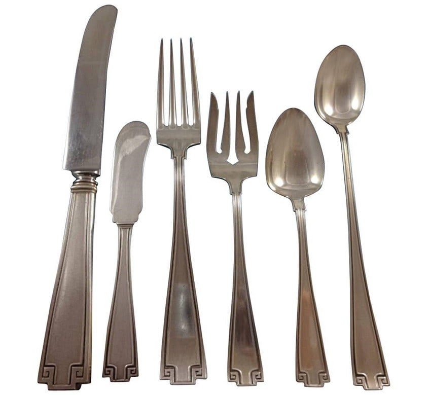 Gorham Etruscan Sterling Silver Flatware Set for 12 78 Pieces: Gorham Etruscan Sterling Silver Flatware Set for 12 78 Pieces Enhance your dining experience with this exquisite Etruscan Sterling Silver Dinner Flatware Set by Gorham, designed to serve 12 guests. Th