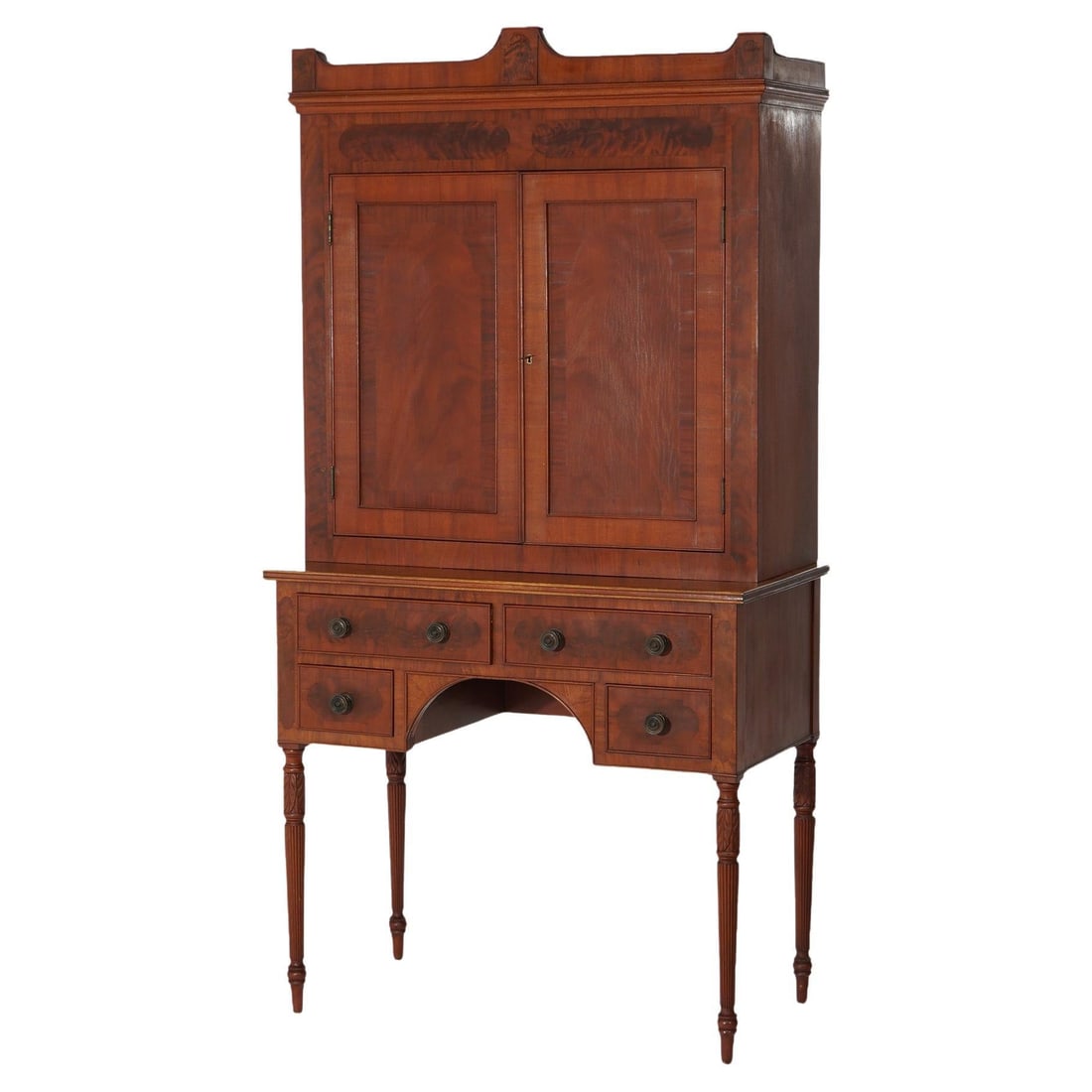 19th Century Antique Sheridan Flame Mahogany Sheraton Secretary Desk: 19th Century Antique Sheridan Flame Mahogany Sheraton Secretary Desk This exquisite Antique Sheridan Flame Mahogany Two Piece Secretary Desk from the 19th century showcases timeless craftsmanship and