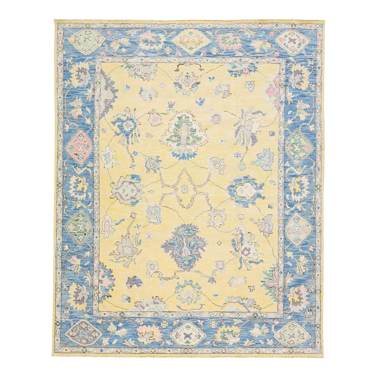 2020s Handmade Turkish Oushak Floral Wool Rug 8'4" x 10'4" Yellow: 2020s Handmade Turkish Oushak Floral Wool Rug 8'4" x 10'4" Yellow Enhance your living space with this exquisite modern Oushak handmade wool rug, featuring a vibrant yellow color field complemented by