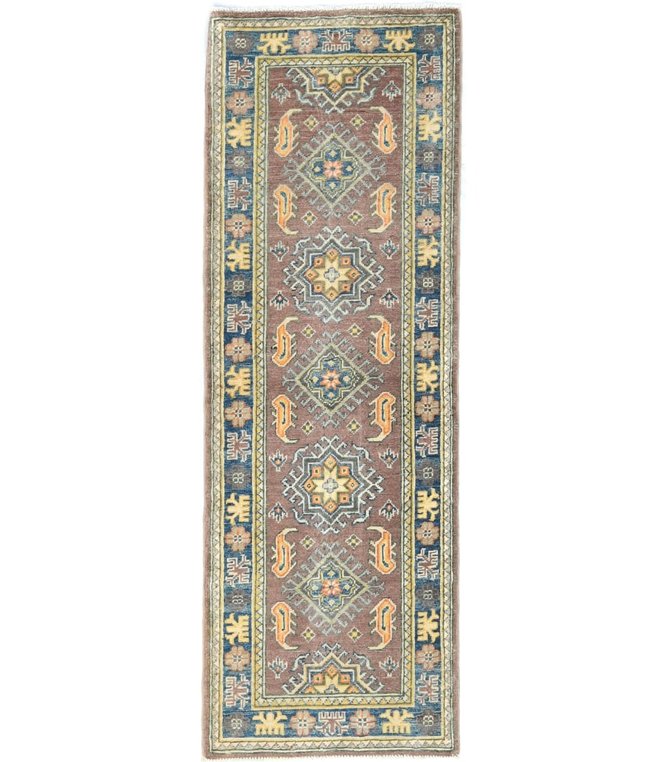 Handmade Kazak Tribal Geometric Wool Runner Rug 2x6 ft Muted Colors: Handmade Kazak Tribal Geometric Wool Runner Rug 2x6 ft Muted Colors Enhance your space with this Handmade Kazak Tribal Geometric Wool Runner Rug, featuring muted pastel colors including brown, blue, c