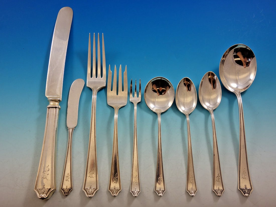 Rosalind 80pc Sterling Silver Flatware Set by International Silver with P Monogram: Rosalind 80pc Sterling Silver Flatware Set by International Silver with P Monogram This exquisite 80-piece flatware set features the Rosalind pattern by International Silver, crafted from high-quality
