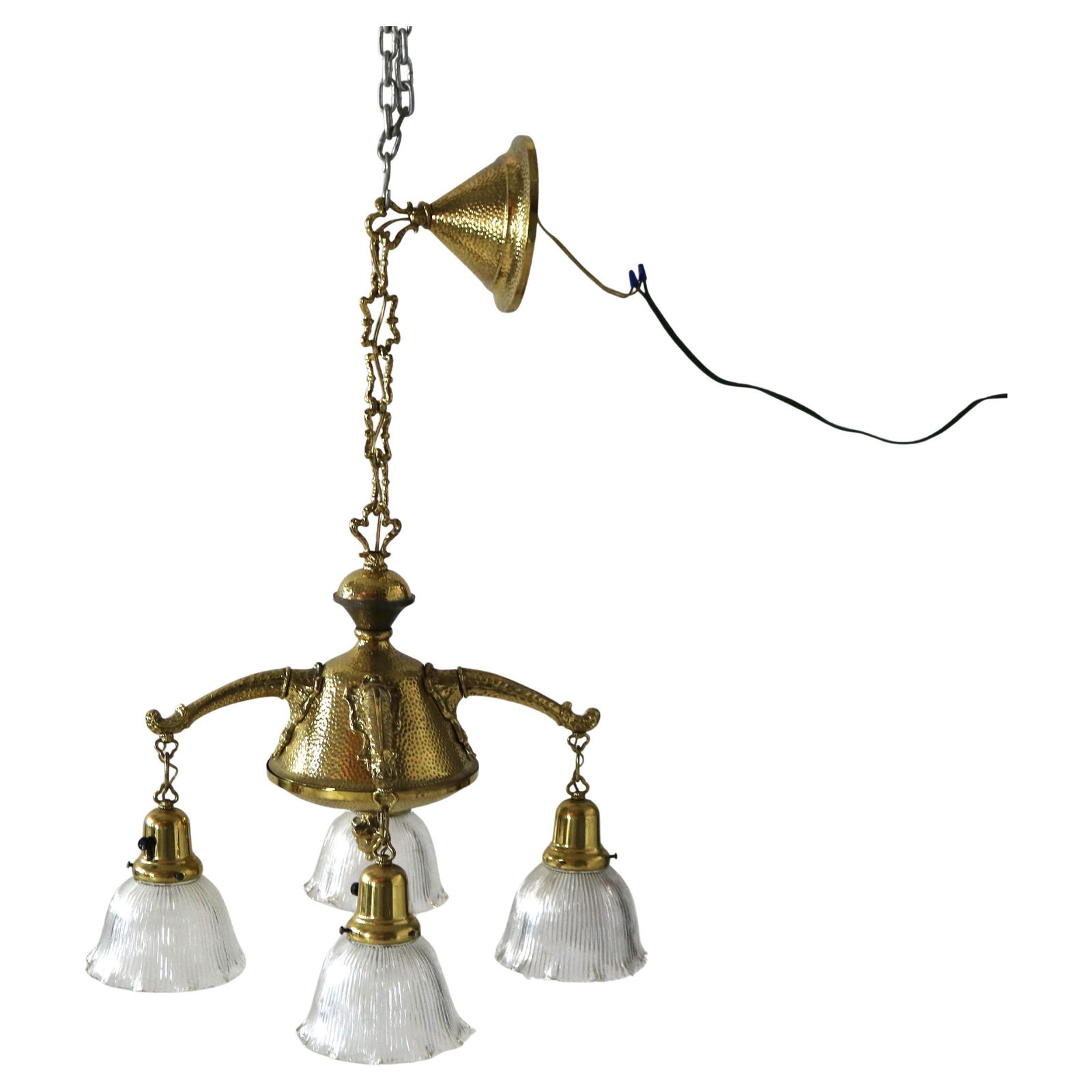 Vintage Arts and Crafts Hammered Brass Chandelier with Glass Shades C1920 (1 of 10)