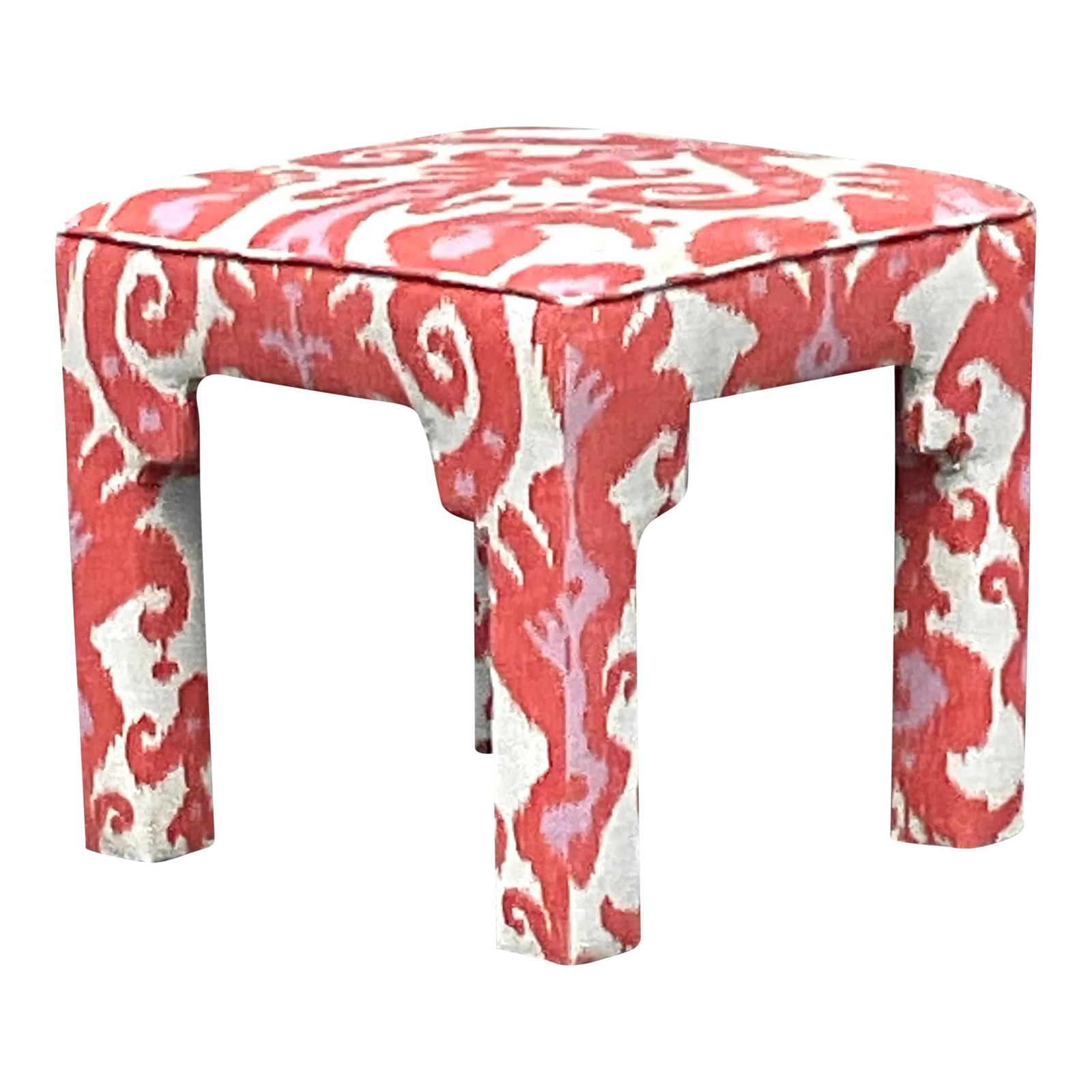 Vintage Coastal Ikat Low Stool USA Red Upholstery Wood 19x19x18: Vintage Coastal Ikat Low Stool USA Red Upholstery Wood 19x19x18 Enhance your space with the Vintage Boho Ikat Low Stool, a perfect blend of style and functionality. This stool showcases a vibrant Ikat