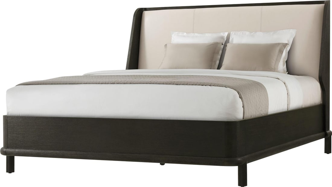 Theodore Alexander Modern Charcoal California King Bed Upholstered: Theodore Alexander Modern Charcoal California King Bed Upholstered Experience unparalleled comfort and elegance with this luxurious California King bed, featuring a modern charcoal finish. This uphols