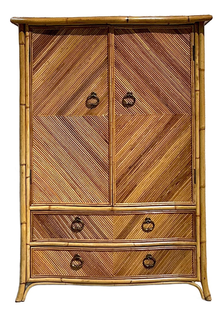 Vintage Coastal Chevron Pencil Reed Armoire Bamboo Storage: Vintage Coastal Chevron Pencil Reed Armoire Bamboo Storage Enhance your living space with this exquisite vintage coastal chevron pencil reed armoire. Meticulously crafted, this striking piece features