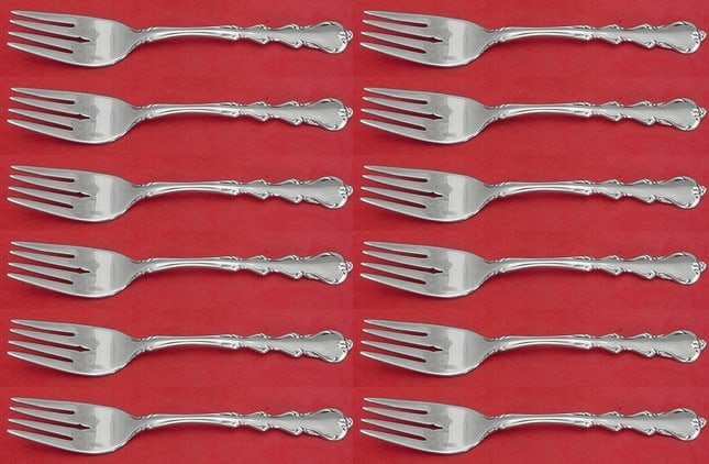 International Silver Angelique Salad Fork Set 12 Pieces Sterling Silver: International Silver Angelique Salad Fork Set 12 Pieces Sterling Silver This stunning set of 12 salad forks features the elegant Angelique pattern by International Sterling Silver. Each fork measures
