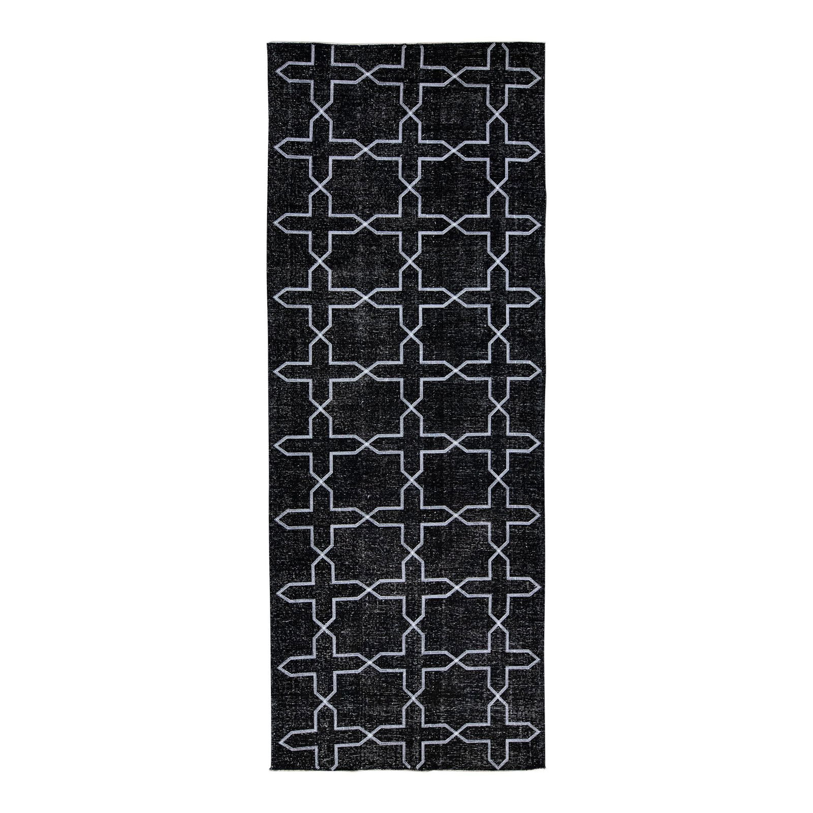 Turkish Handmade Wool Gallery Rug Black Geometric Design 4'10 x 13': Turkish Handmade Wool Gallery Rug Black Geometric Design 4'10 x 13' Enhance your space with this stunning Turkish handmade wool rug, featuring a modern black distressed look. The rug showcases a capti