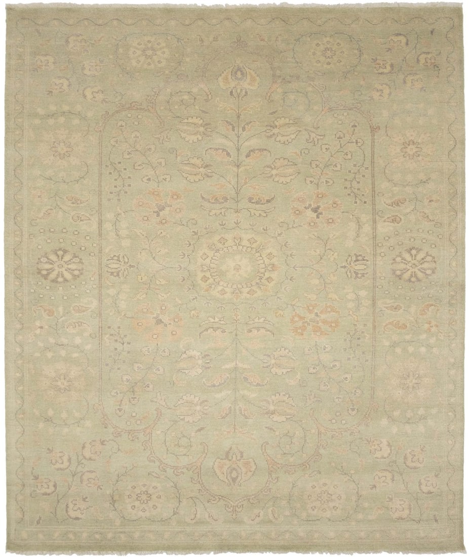 Handmade Light Green Floral Wool Area Rug 8'1 x 9'11 Eco Friendly: Handmade Light Green Floral Wool Area Rug 8'1 x 9'11 Eco Friendly Enhance your home decor with this exquisite 8'1" x 9'11" handmade muted light green floral wool oriental rug. Crafted with care in Ind