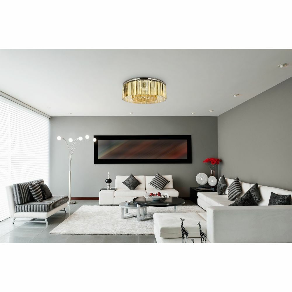 Sydney Collection 10-Light Crystal Ceiling Fixture With Polished Nickel and Golden Teak: Sydney Collection 10-Light Crystal Ceiling Fixture With Polished Nickel and Golden Teak This modern flush mount chandelier features a polished nickel frame adorned with high-quality golden teak royal