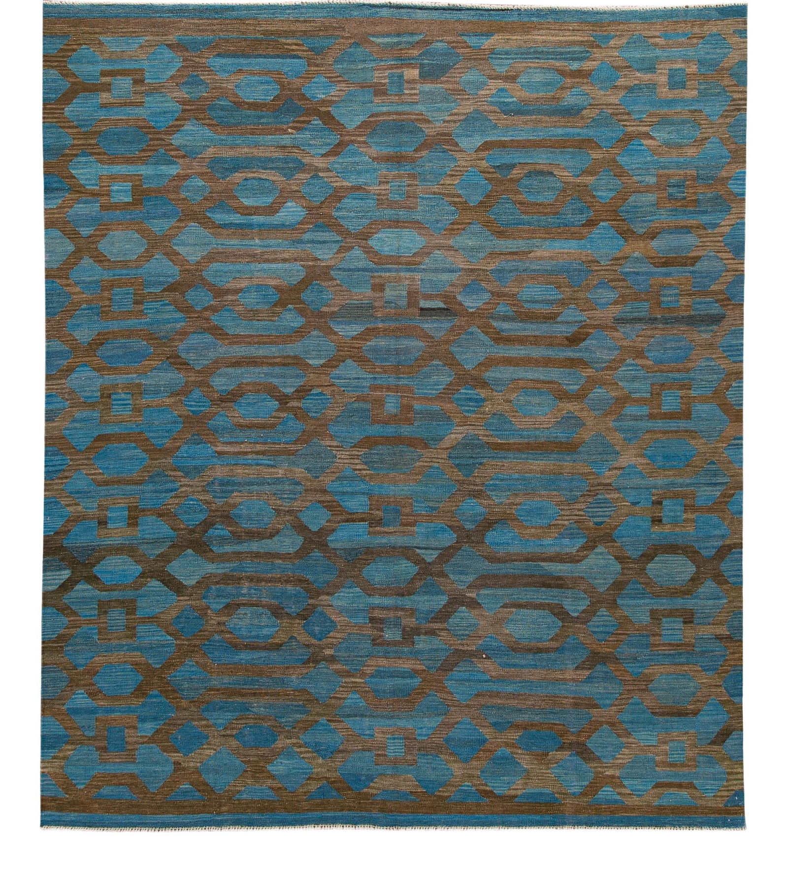 Handmade Modern Blue Wool Kilim Rug 8'3 x 9'9 Geometric Design: Handmade Modern Blue Wool Kilim Rug 8'3 x 9'9 Geometric Design Enhance your living space with this beautiful modern flat-weave Kilim handmade wool rug, featuring a striking blue field complemented by