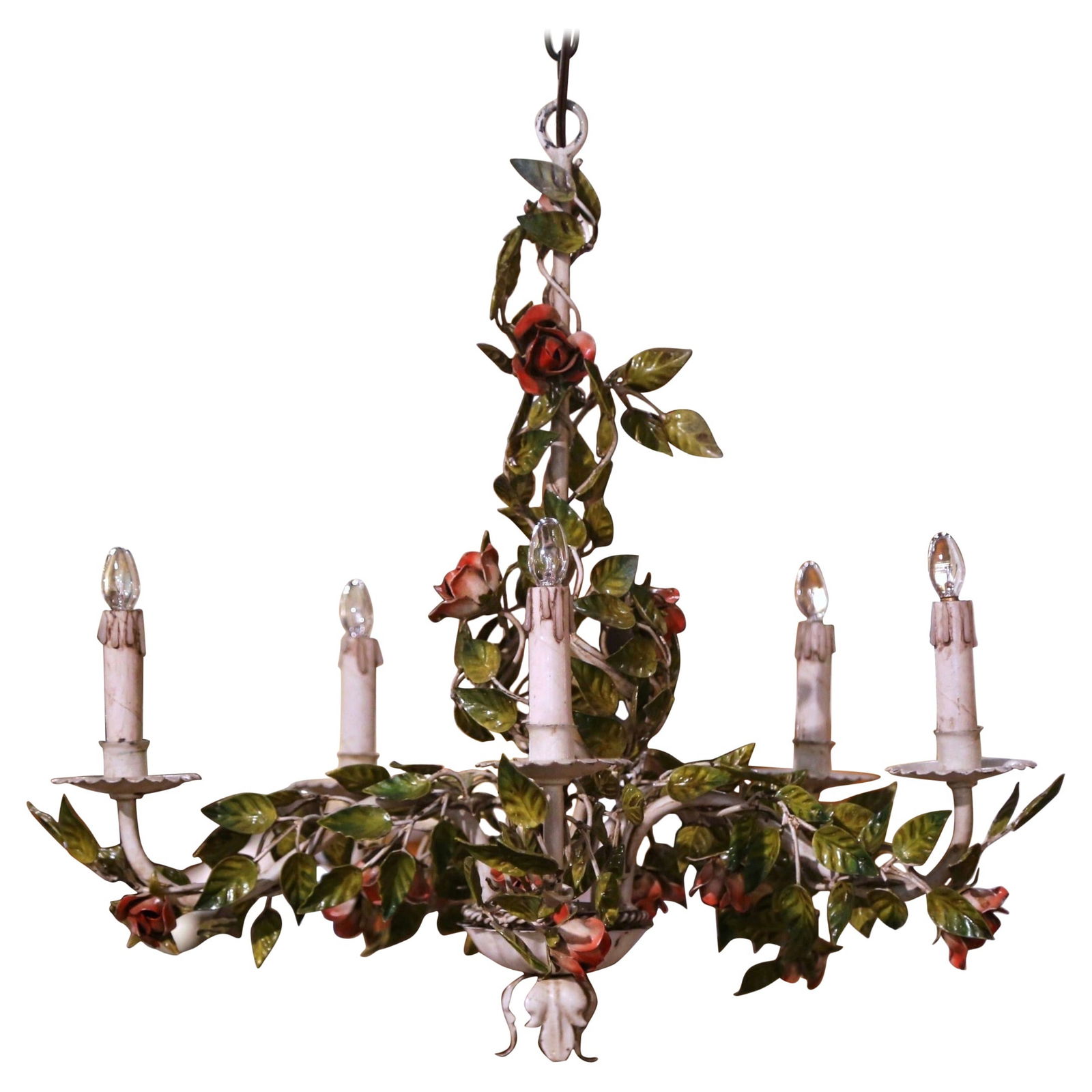 Circa 1920 French Hand-Painted Five-Light Chandelier with Floral Motifs: Circa 1920 French Hand-Painted Five-Light Chandelier with Floral Motifs Illuminate your space with this exquisite Early 20th Century French Metal Painted Flowers & Leaves Five-Light Chandelier. Crafte