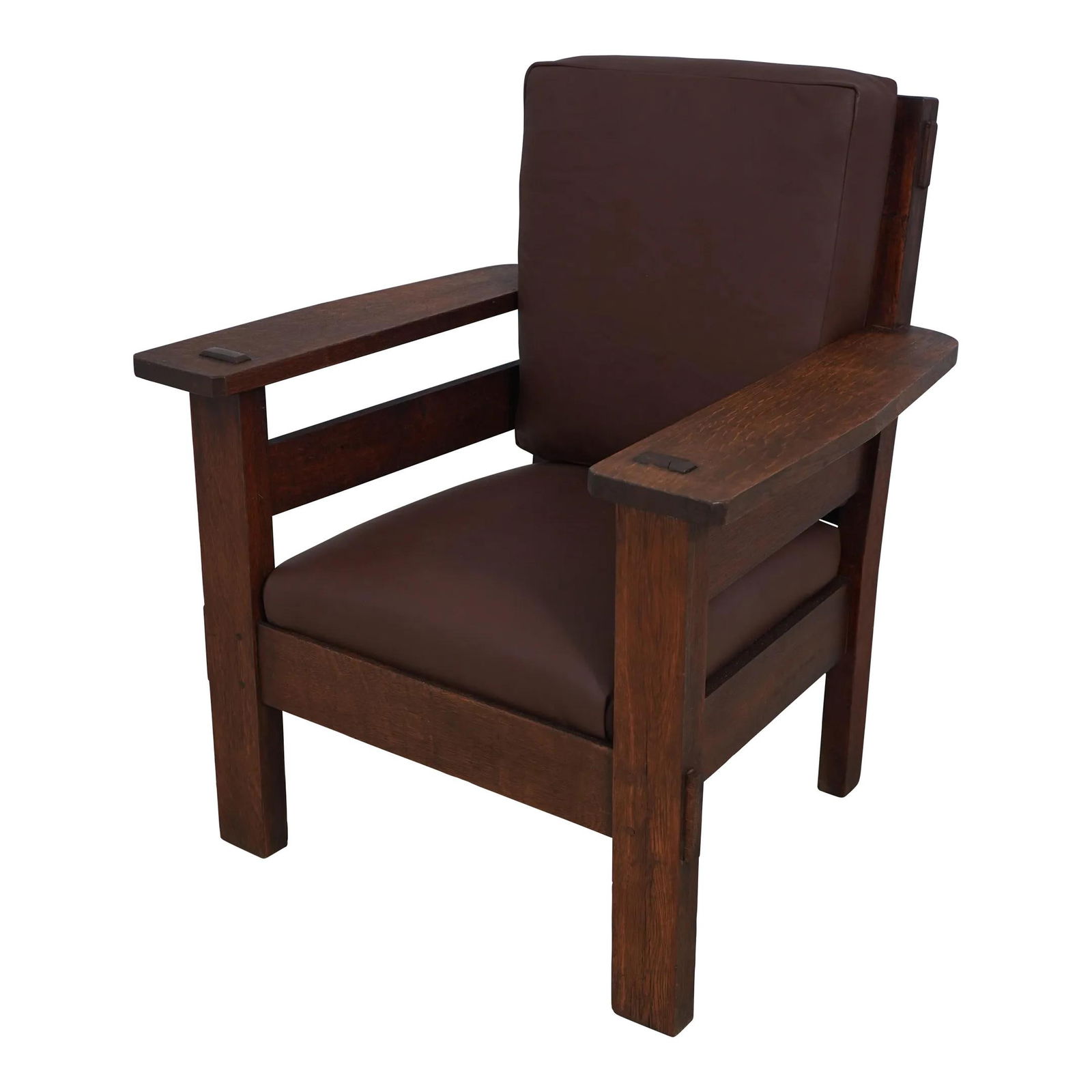 Vintage Mission Oak Arts & Crafts Chair in Stickley Style: Vintage Mission Oak Arts & Crafts Chair in Stickley Style This Vintage Stickley Style Mission Oak Arts & Crafts Chair showcases the timeless craftsmanship reminiscent of Gustav Stickley's designs. Con