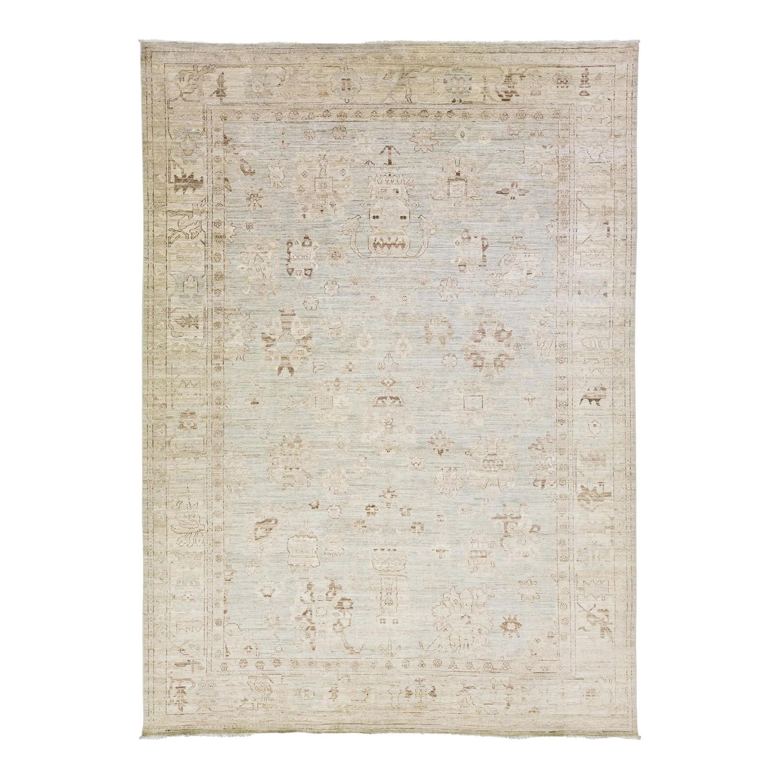 Elegant Gray Floral Oushak Wool Rug 9'10 x 13'9: Elegant Gray Floral Oushak Wool Rug 9'10 x 13'9 This exquisite modern Oushak hand-knotted wool rug features a stunning gray color field complemented by beige and brown accents in a captivating all-ove