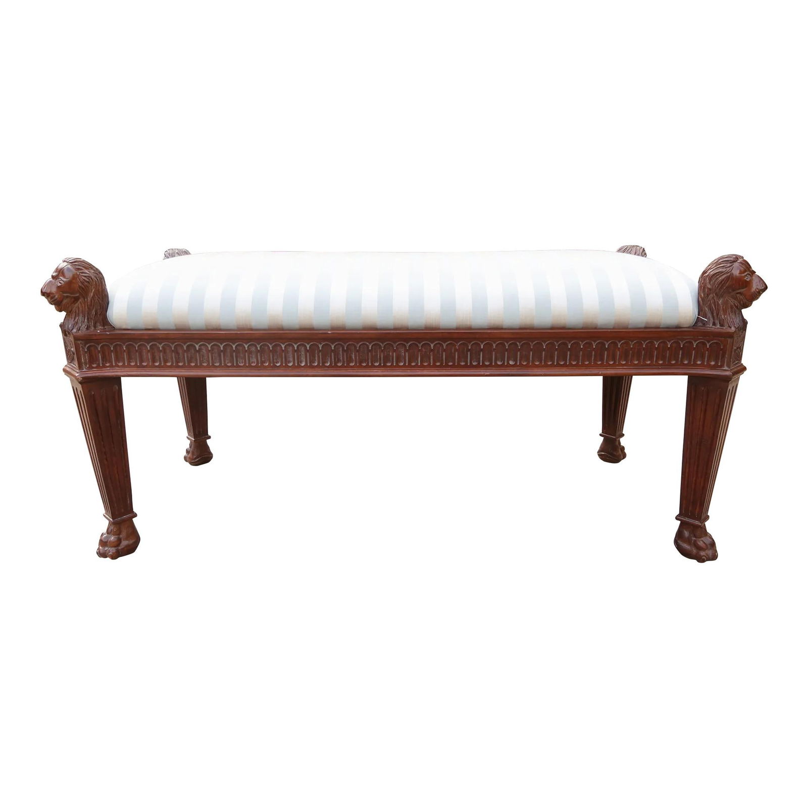 Jeffco Regency Lion Head Upholstered Bench Blue Silver Stripes: Jeffco Regency Lion Head Upholstered Bench Blue Silver Stripes This exquisite Jeffco Regency Style Lion Head Upholstered Bench combines quality craftsmanship with timeless design. Featuring a factory