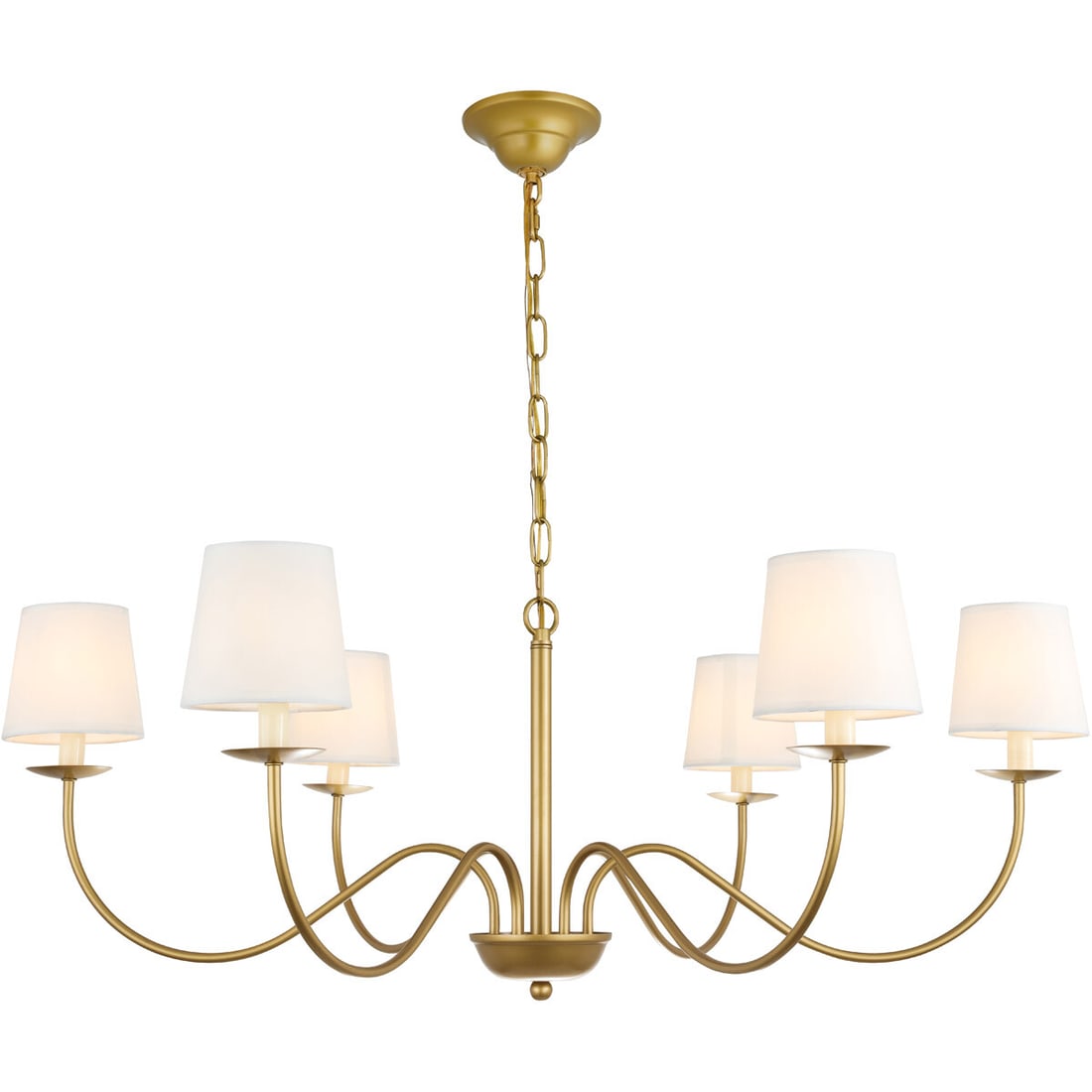 Living District Eclipse 6-Light Brass Chandelier with White Shades 37": Living District Eclipse 6-Light Brass Chandelier with White Shades 37" Elevate your living space with this elegant 6-Light Brass Chandelier. Featuring a classic farmhouse style, this stunning light fi