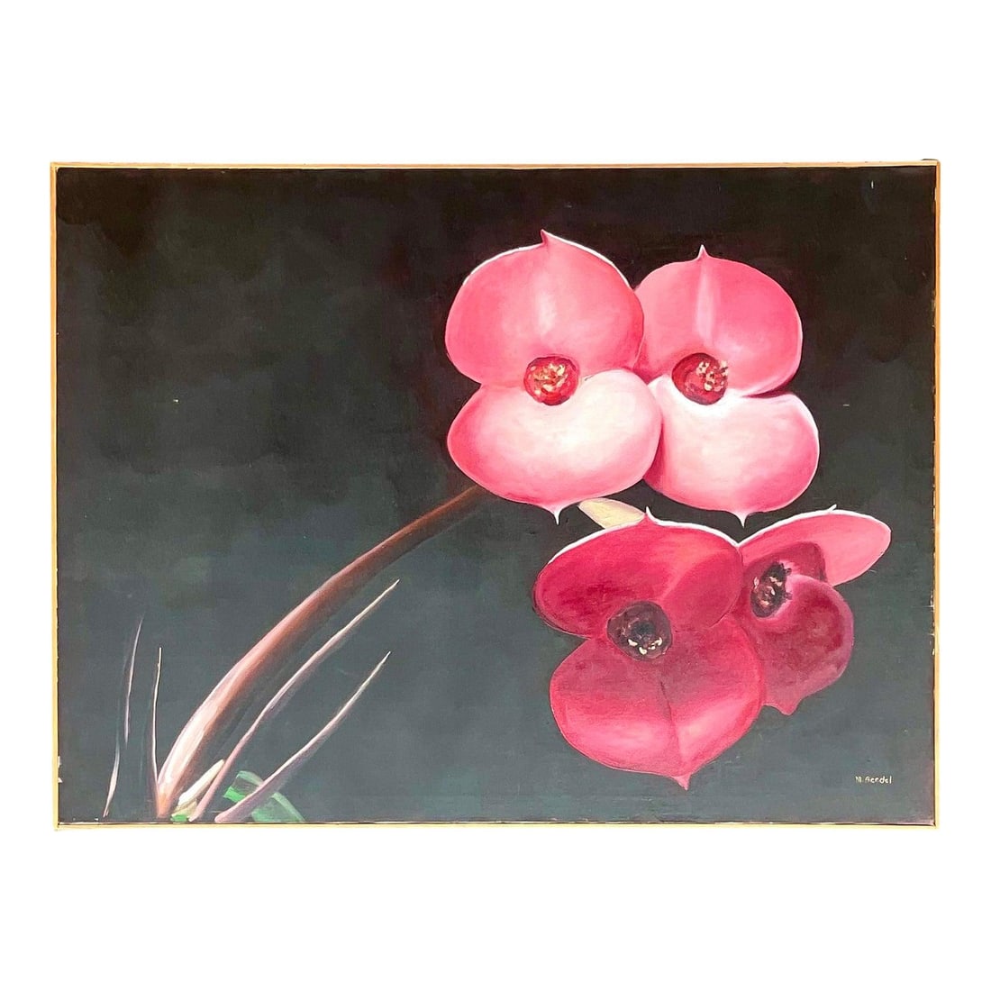 Vintage Signed Oil Painting of Orchid Blooms 48.5 x 36.5 in: Vintage Signed Oil Painting of Orchid Blooms 48.5 x 36.5 in Experience the beauty of nature with this stunning vintage original oil painting featuring an exquisite composition of orchids in bloom. The