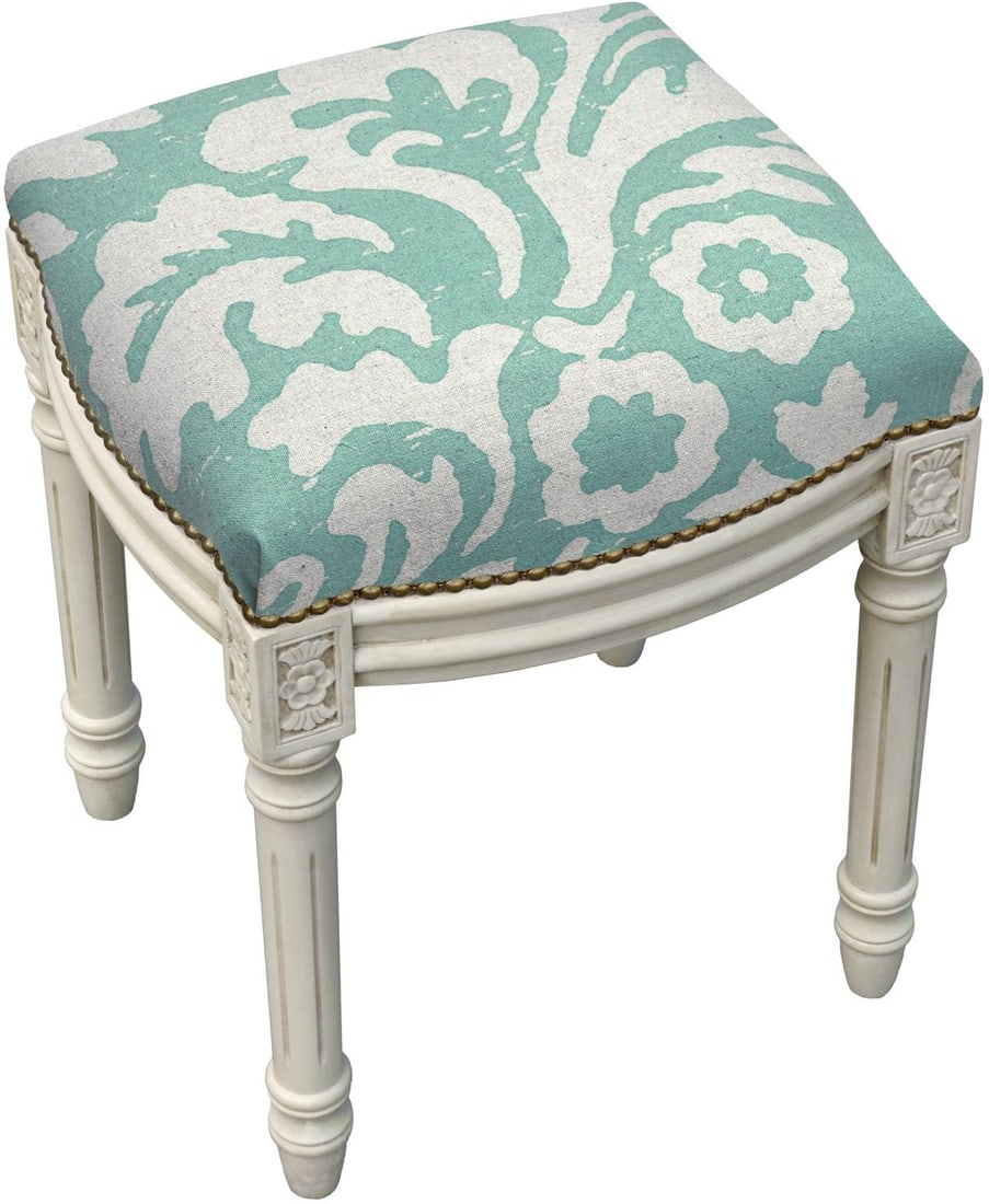 White Wash Aqua Vanity Stool with Jacobean Floral Linen: White Wash Aqua Vanity Stool with Jacobean Floral Linen Enhance your decor with this elegant Traditional Style Vanity Stool, designed with a charming antique and vintage aesthetic. This backless stool