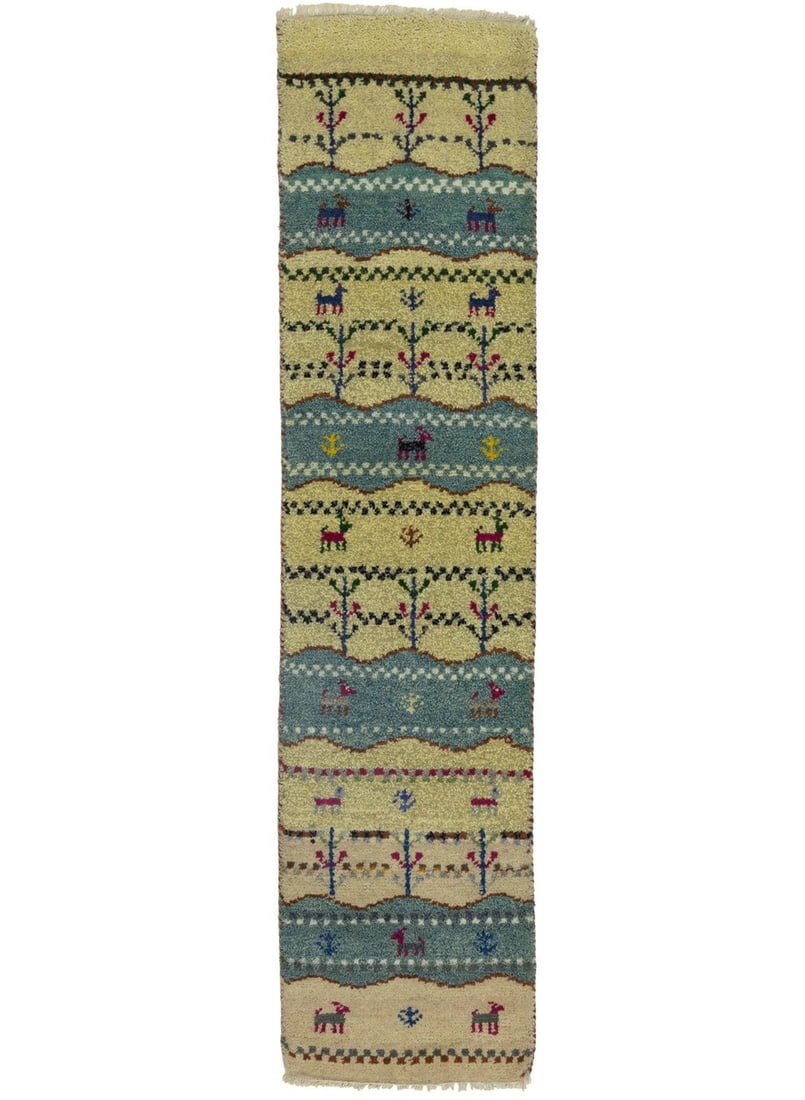 Modern Tribal Design Hand-Knotted Wool Runner Rug 1'5 x 5'9 ft: Modern Tribal Design Hand-Knotted Wool Runner Rug 1'5 x 5'9 ft Enhance your living space with this stunning Modern Indo-Gabbeh Oriental Runner Rug, featuring a vibrant tribal design that beautifully c