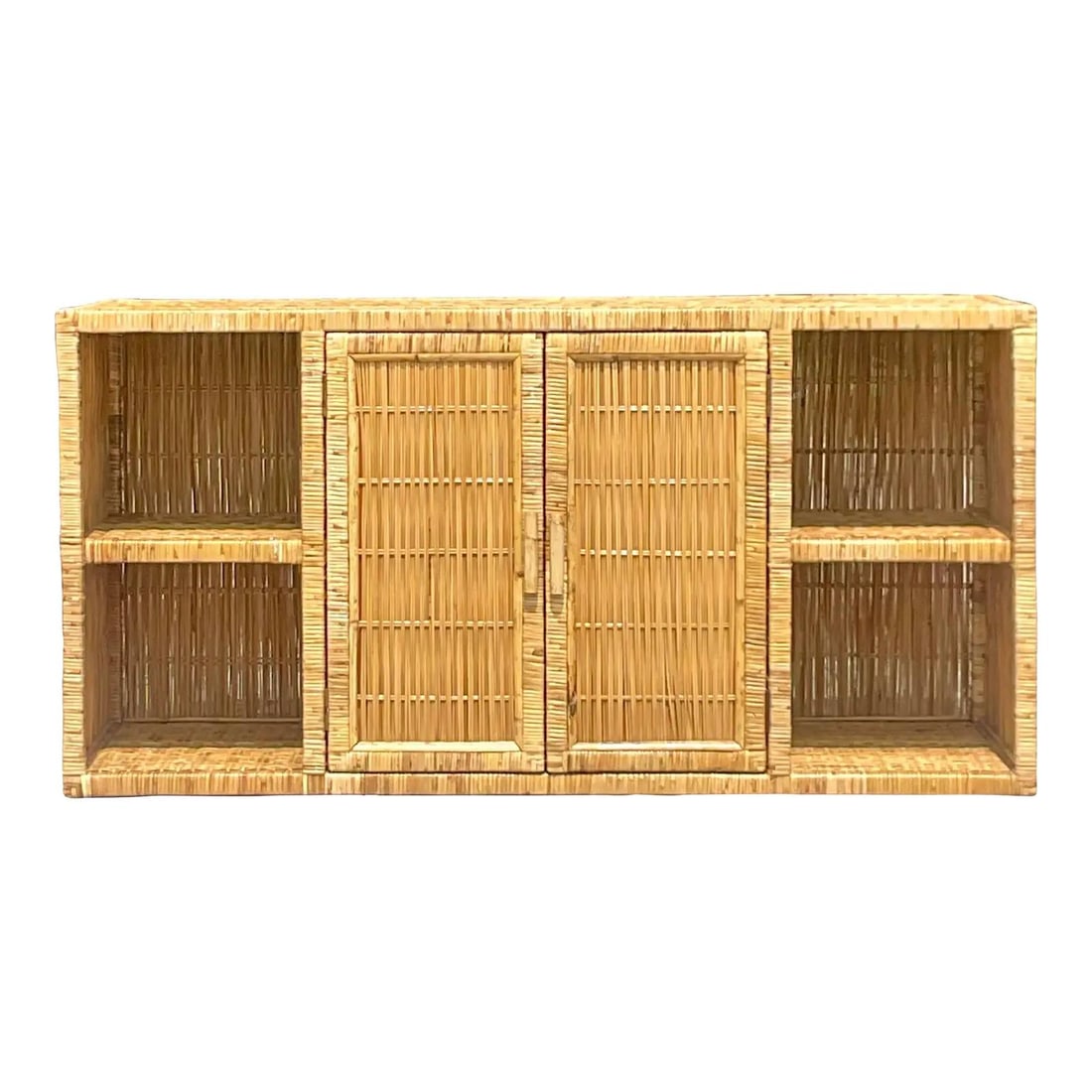 Vintage Coastal Woven Rattan Credenza from Palm Beach Estate: Vintage Coastal Woven Rattan Credenza from Palm Beach Estate This stunning late 20th century vintage Coastal credenza features a chic woven rattan frame, combining style and functionality. It boasts a